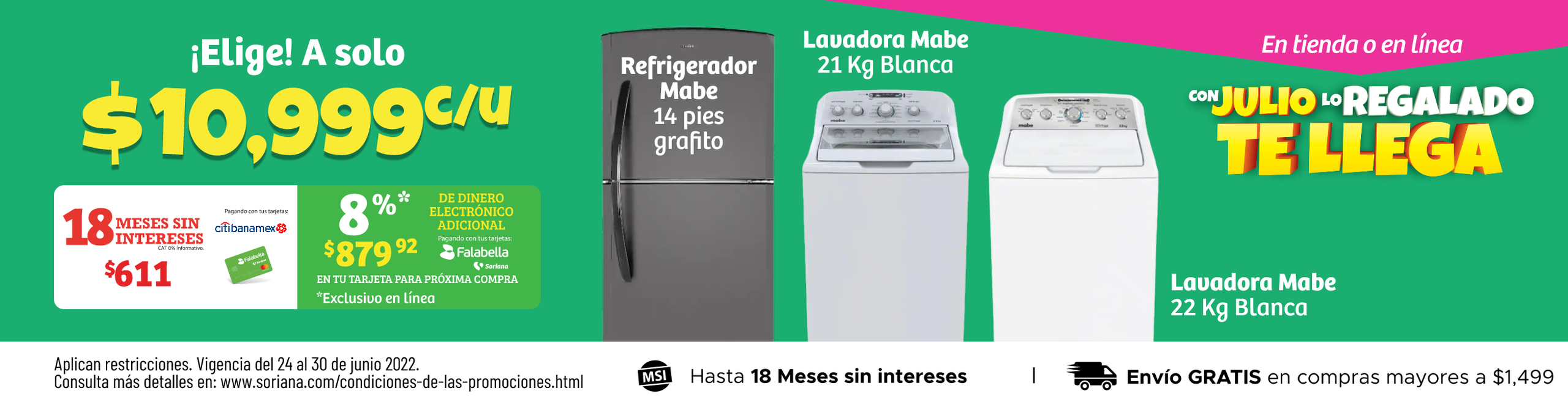 Elige Lavadora o Refrigeradora Mabe a solo $10,999 c/u 