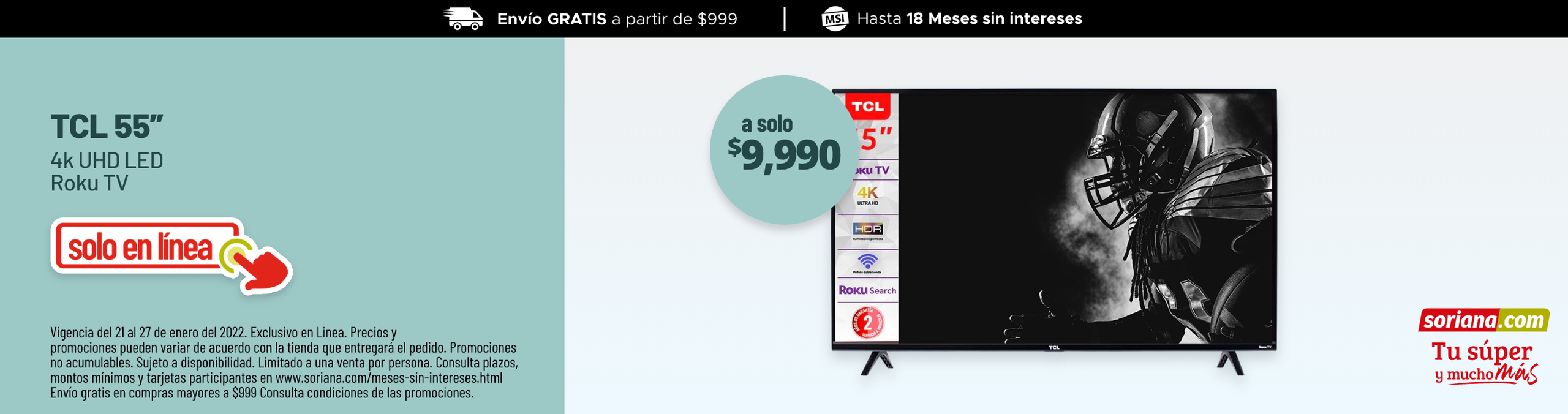 Pantalla TCL 55 Pulg 4k UHD LED Roku TV a solo $9,990