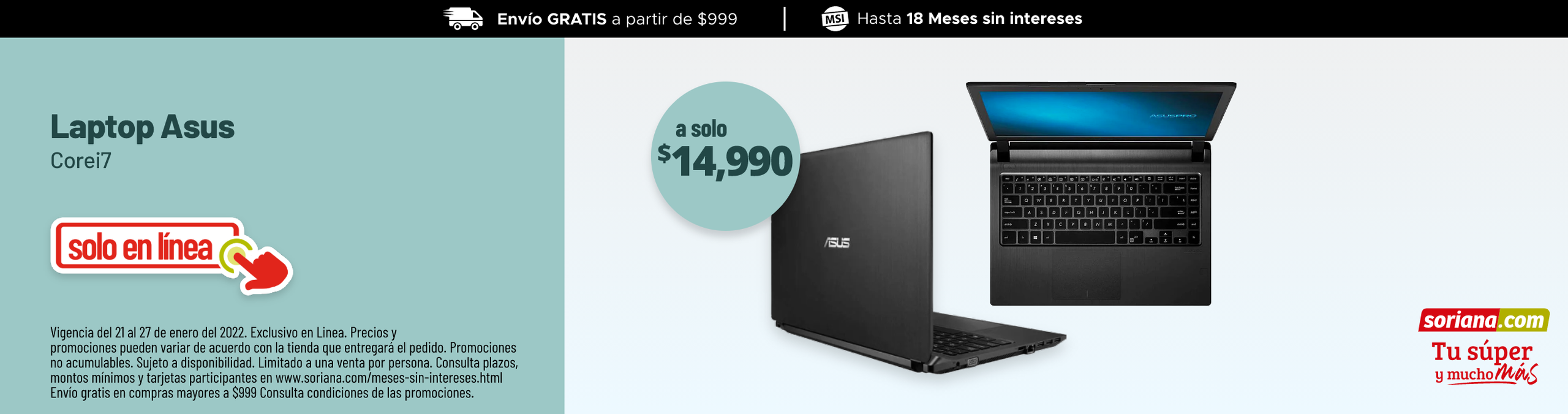 Laptop Asus Core i7 8GB RAM 256GB SSD ROM 14 Pulg a solo $14,990