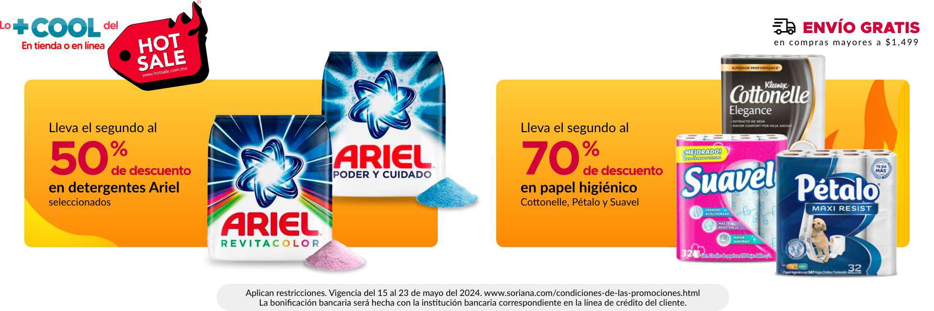 2do al 50% en detergentes Ariel seleccionados y 2do al 70% en papel higiénico