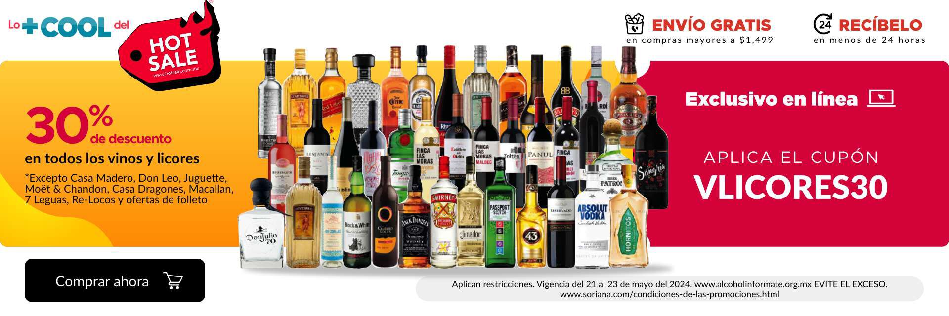 30% de descuento en todos los vinos y licores (excepto Casa Madero, Don Leo, Juguette, Moët & Chandon, Casa Dragones, Macallan, 7 Leguas y ofertas de folleto)