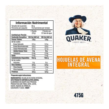 Hojuelas De Avena Integral Quaker Oats 475 Gr Bote image number 2