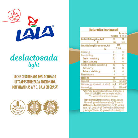 Leche Lala Deslactosada Light Baja en Grasa 1 lt image number 2