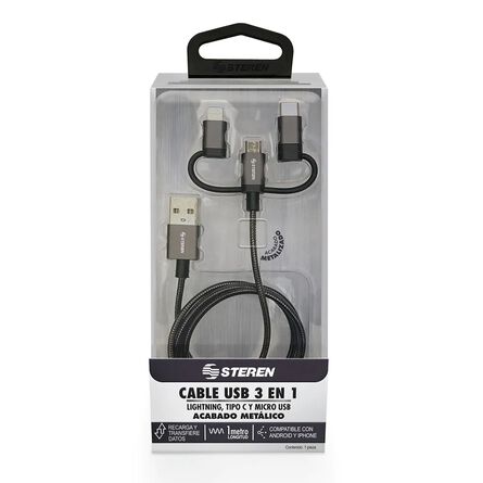 Cable USB 3 en 1 Lighthing, Tipo C y Micro USB Steren USB-400 Plata image number 2