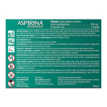 Aspirina Advanced Para Dolor de Cabeza Dolor Corporal y Fiebre 20 tabletas image number 2