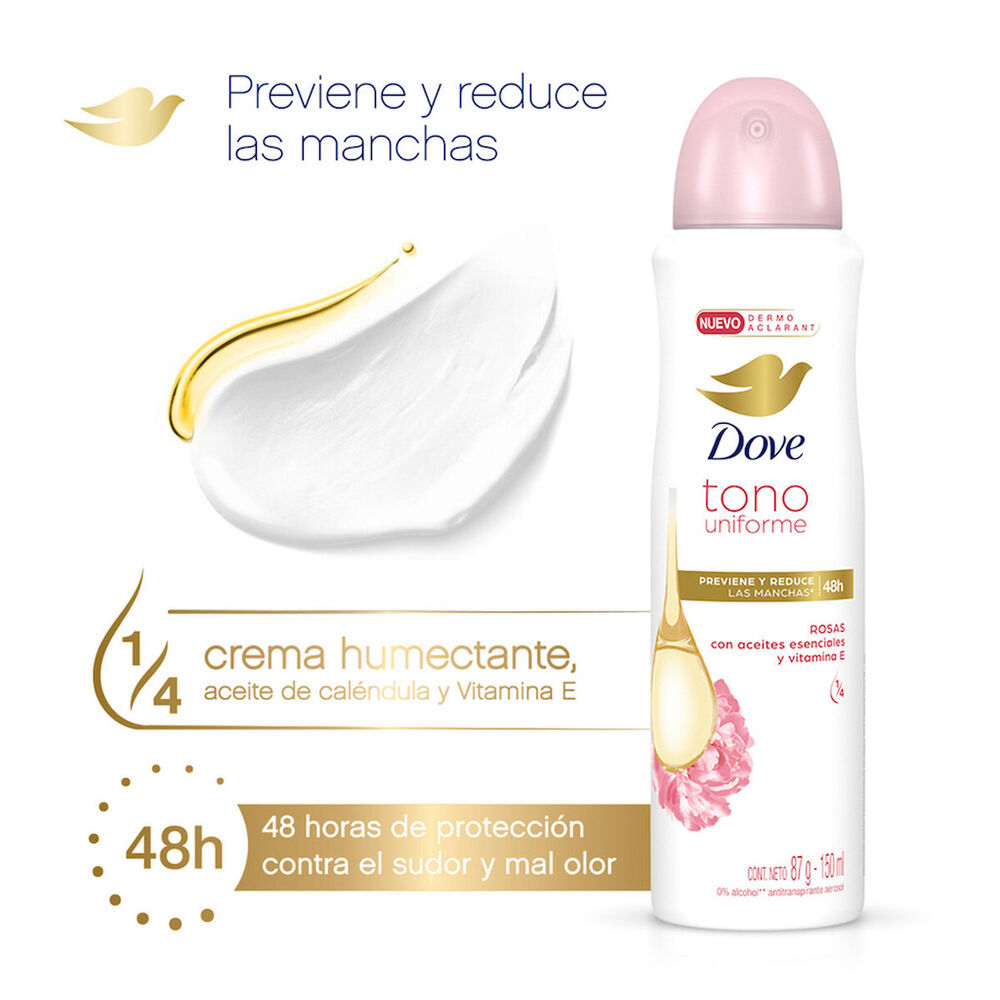 Desodorante en aerosol Dove Tono Uniforme Rosas para dama 150 ml image number 1
