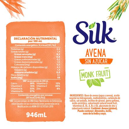 Silk Alimento Líquido de Avena sin Azúcar Sabor Monkfruit 946 ml image number 7