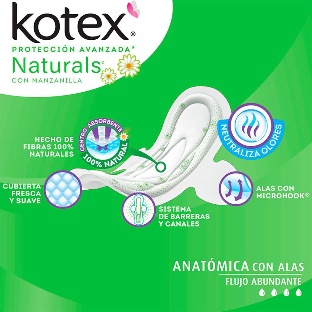 Toallas Femeninas Kotex Naturals Anatómica con Alas Flujo Abundante, 16 Pzs image number 1