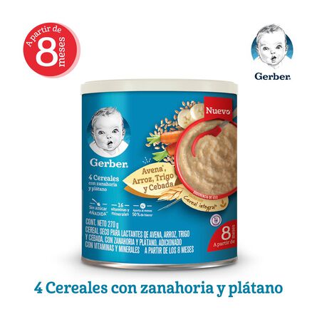 Cereal Infantil Gerber Etapa 3 4 Cereales con Zanahoria y Plátano Integral Lata 270g image number 1