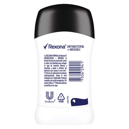 Antitranspirante Rexona Women Antibacterial + invisible en Stick para Mujer 45 g image number 2