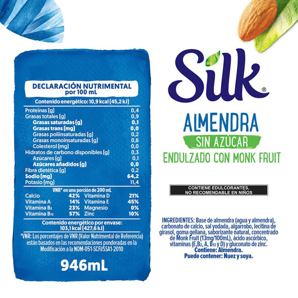 Silk Alimento Líquido De Almendra Sin Azúcar Endulzado Con Monk Fruit 946mL image number 7