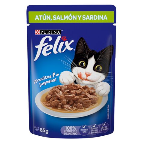 Purina Felix Atún, salmón y sardina Alimento Húmedo para gatos adultos, pouch de 85g