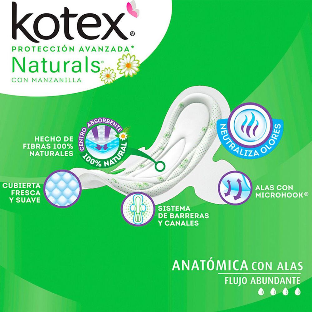 Toallas Femeninas Kotex Naturals Anatómica con Alas Flujo Abundante, 40 Pzs image number 1
