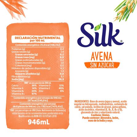 Silk Alimento Líquido de Avena sin Azúcar 946 ml image number 7