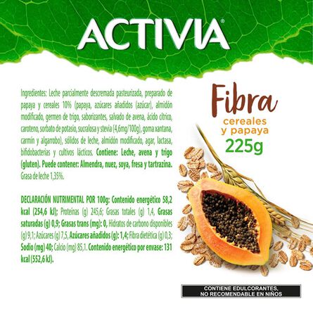 Activia Fibra Alimento Lácteo Fermentado Sabor Papaya con Cereales 225g image number 1