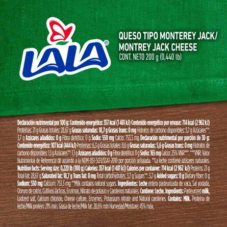 Queso Lala Monterrey Jack  200 g image number 1