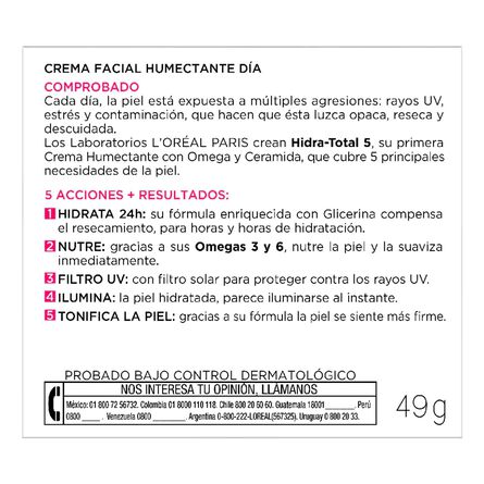 Crema Facial L'Oréal Paris Hidra Total 5 Cuidado Día Humectante 50 Ml image number 6