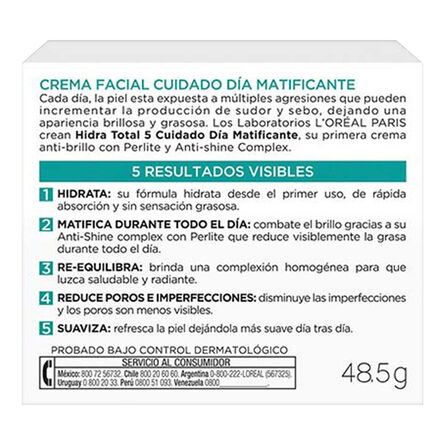 Crema Facial L'Oréal Paris Hidra Total 5 Cuidado Día Matificante 50 Ml image number 2
