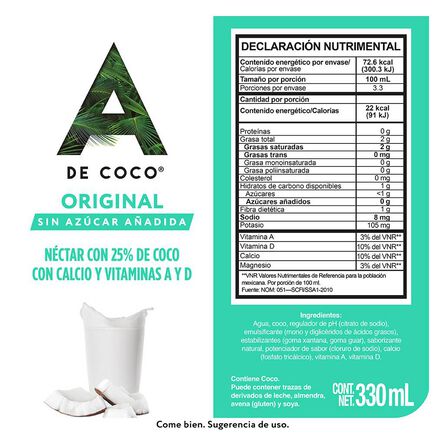 Néctar con 25% de coco Original A de Coco 330 ml image number 3