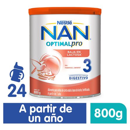 Fórmula Infantil NAN 3 Optimal Pro Baja en Lactosa, 1 a 3 Años, 800g image number 1