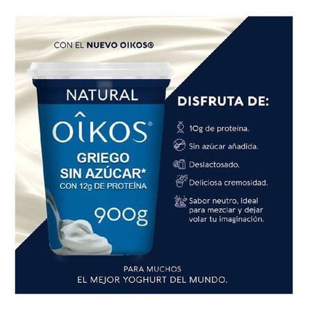 Yoghurt Griego Sin Azúcar Añadida Oikos Natural 900 g con 10 g de Proteína image number 2