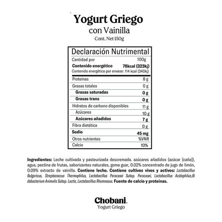 Yoghurt Griego Chobani Vainilla 150 g image number 1
