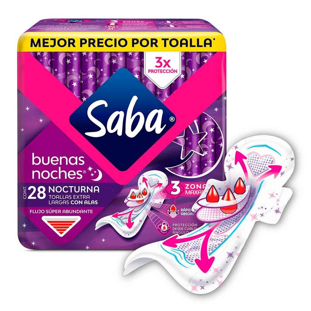 Toalla femenina Saba Buenas Noches nocturna c/a 28 pz | Soriana